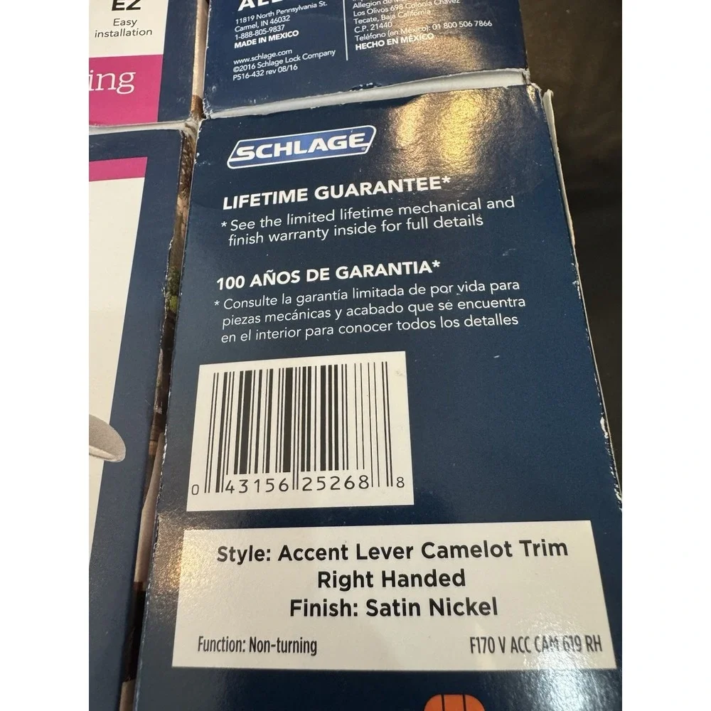 Schlage Accent Lever Satin Nickel Camelot Trim Right‎ Handed Dummy Knob